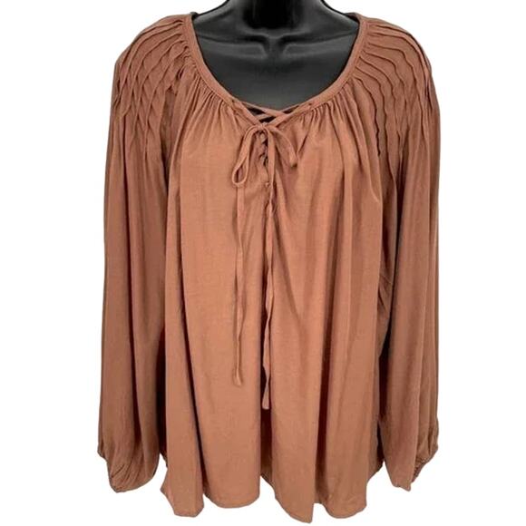 Mustard Seed Peasant Blouse Medium Mocha NEW Lace Up Neckline Pintuck Flowy Boho - Picture 1 of 7